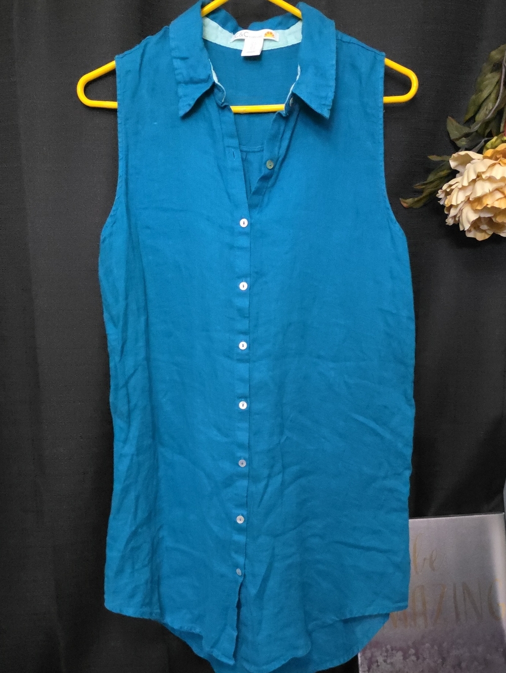 C&C California SZ S Teal 100% LINEN Sleeveless Button-Down Shirt Tunic